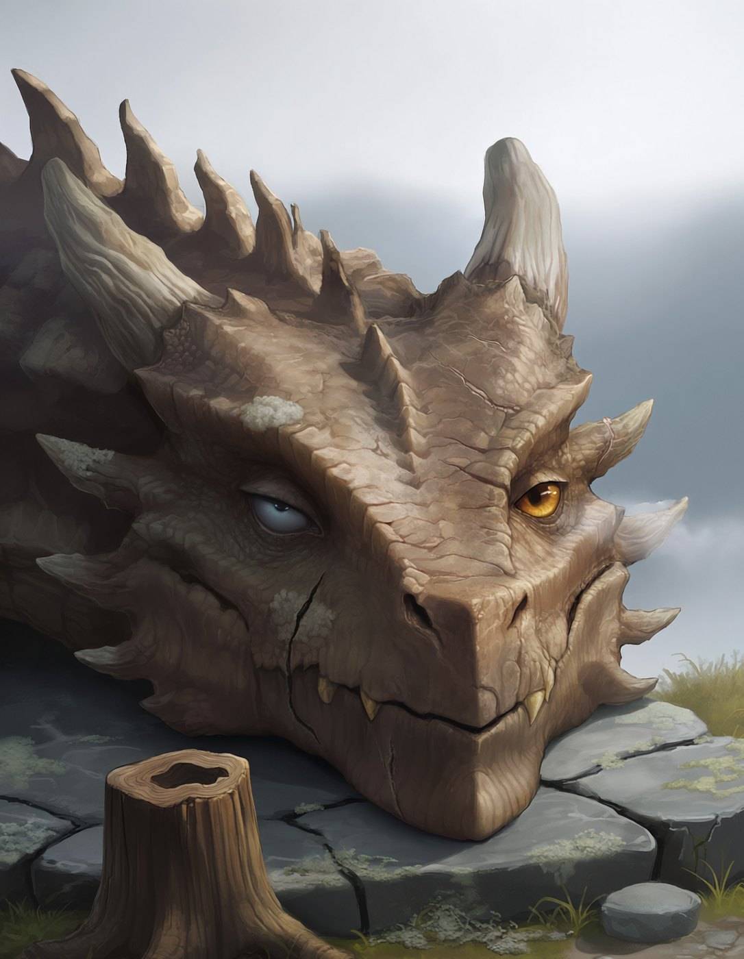 A huge weathered stone-grey dragon head rests on cracked flagstones, one yellow eye half open.