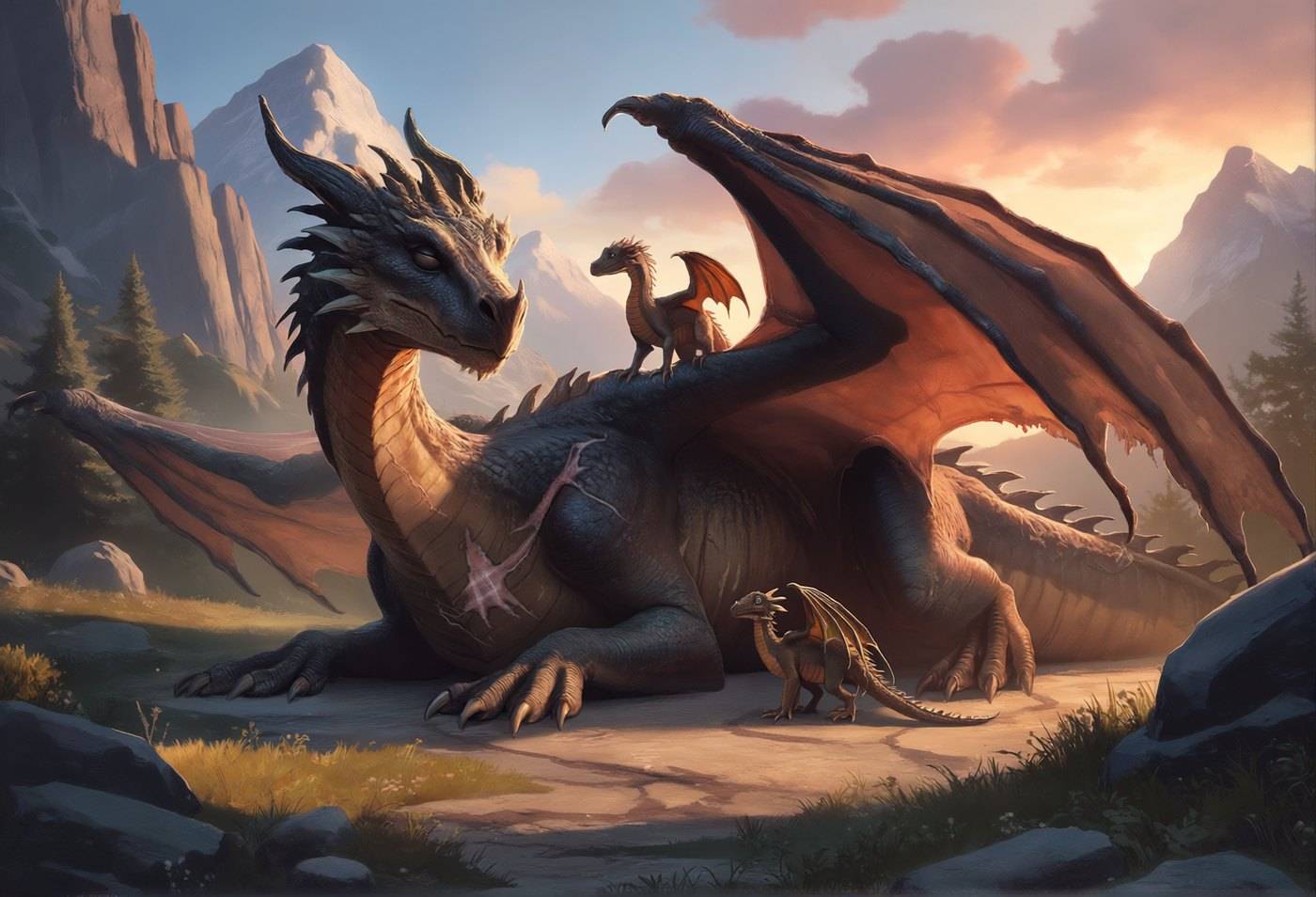 A scarred red-winged dragon sits on a mountain outcrop at sunset with two small creatures near its forelegs.