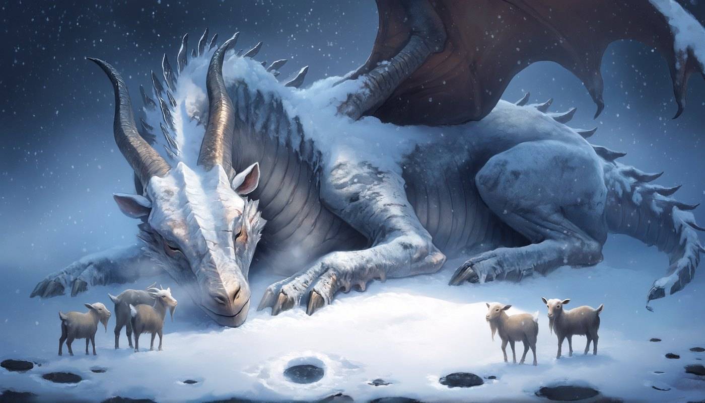 A white horned dragon sleeps in falling snow while a handful of goats graze around its muzzle.