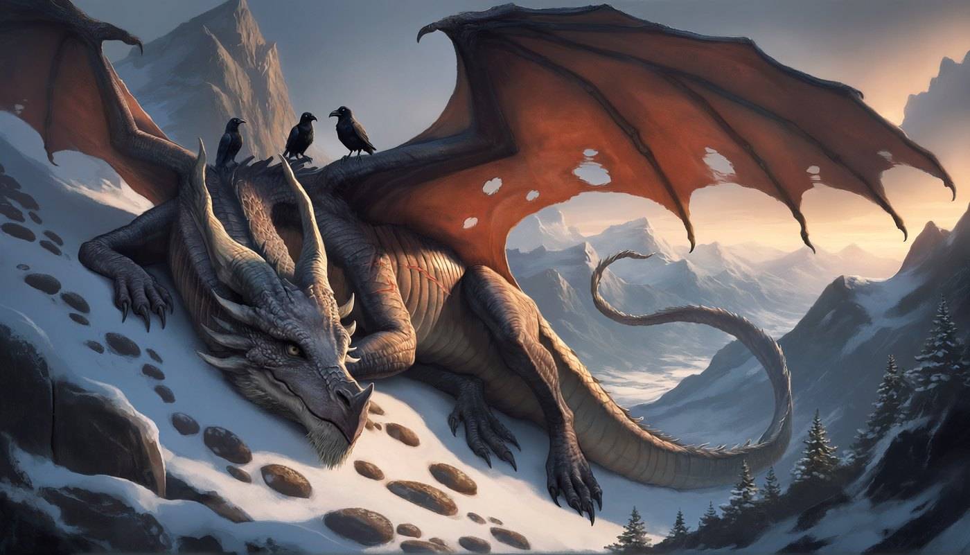 A scarred old dragon lies resting on pale rock with three crows perched along its back and wing.