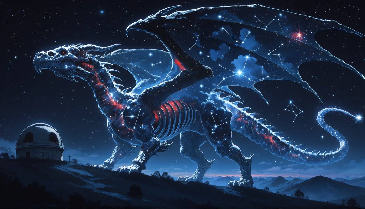 A dragon drawn in blue stars and constellation lines stands across the night sky above a small hilltop observatory dome.