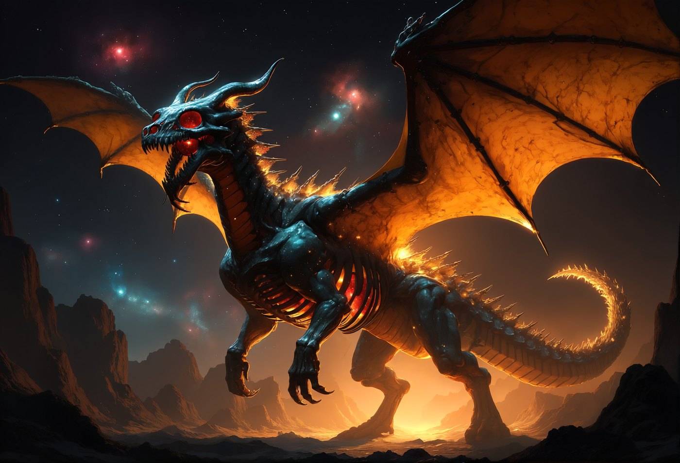 A teal and orange dragon lit from within by starlight stands on bare rock beneath a golden nebula.