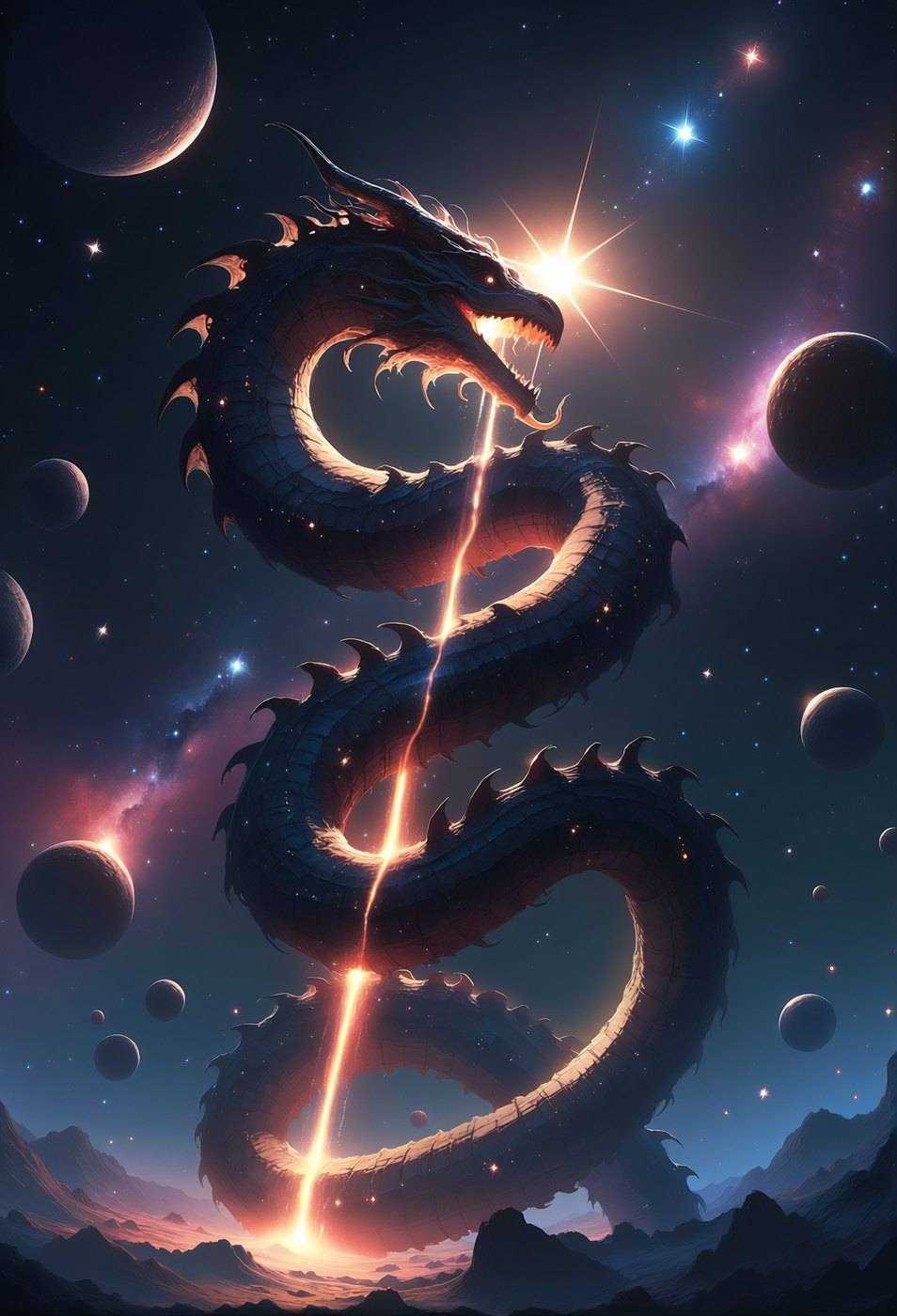 A dark serpent dragon coils around a vertical shaft of light between distant planets.