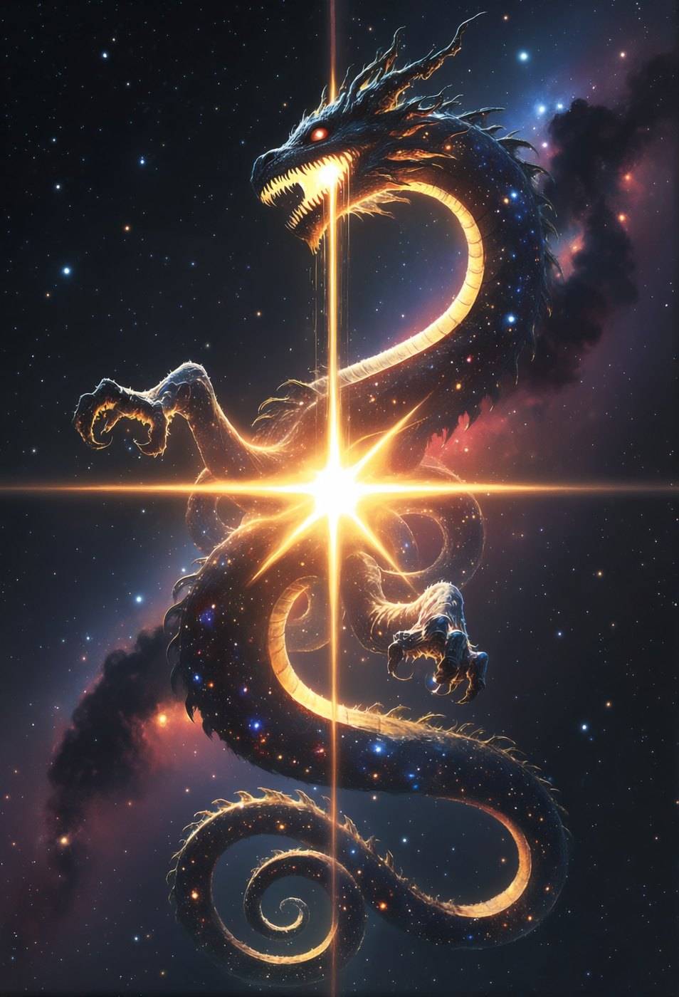 A long serpent dragon spirals around a burning white star, its coils lit gold against deep space.
