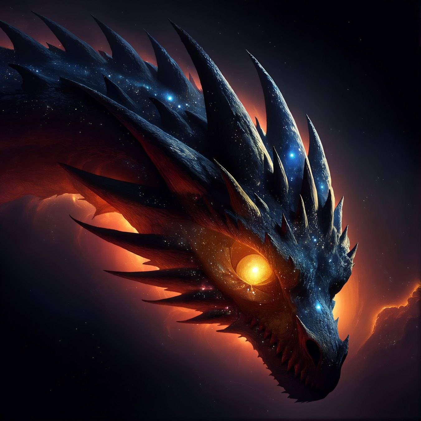 Profile of a dark spined dragon whose scales hold points of starlight, one eye burning gold against a deep red nebula.