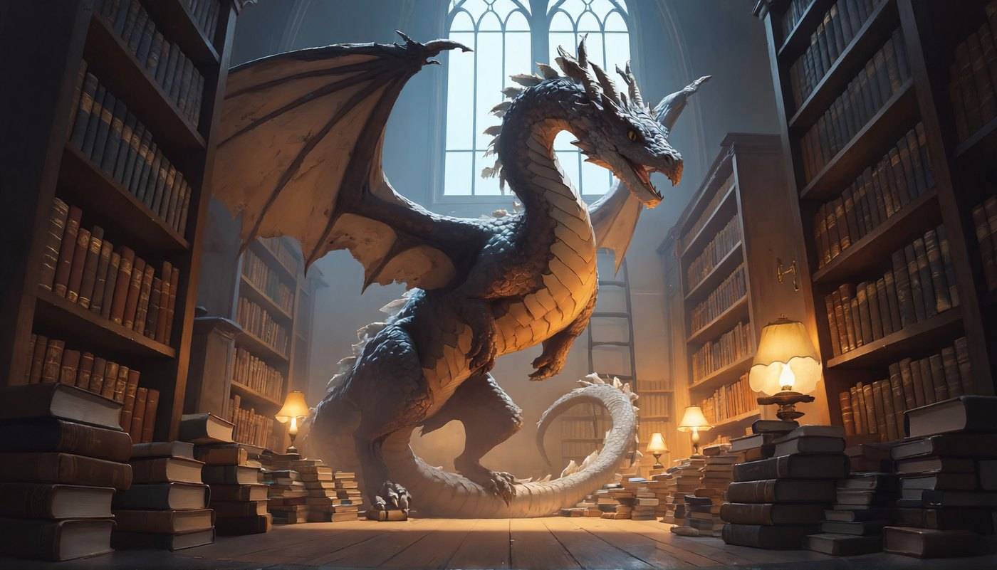 A grey dragon rears between tall bookcases in a lamplit library, an arched window behind it and stacks of books at its feet.