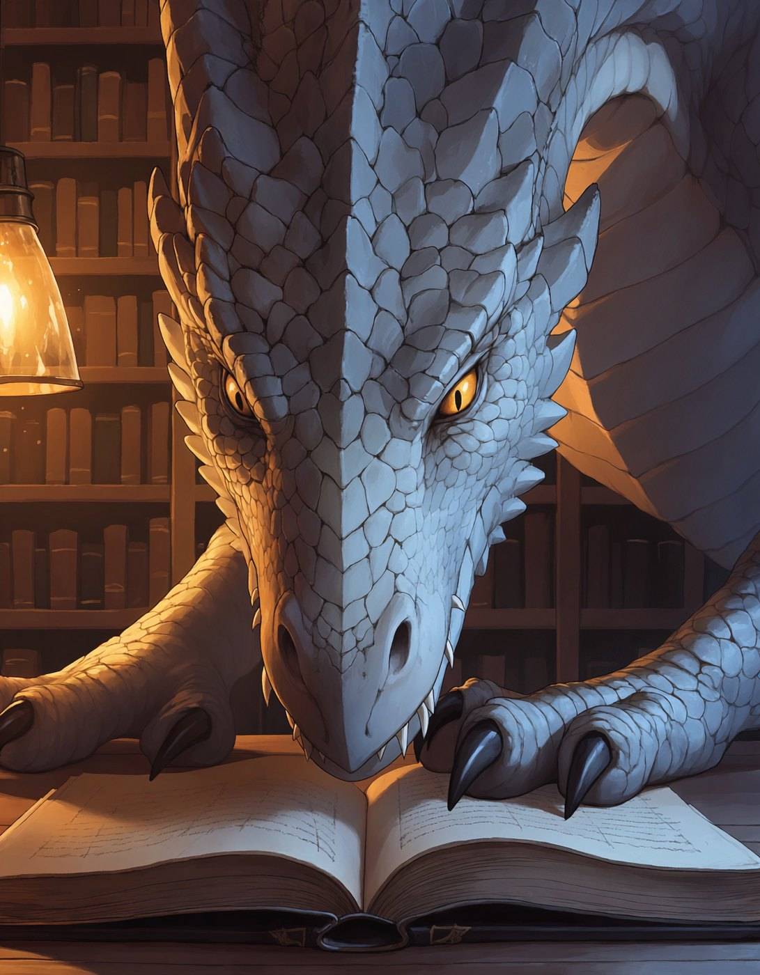 A huge white dragon lowers its head over an open book, one amber eye fixed on the page.