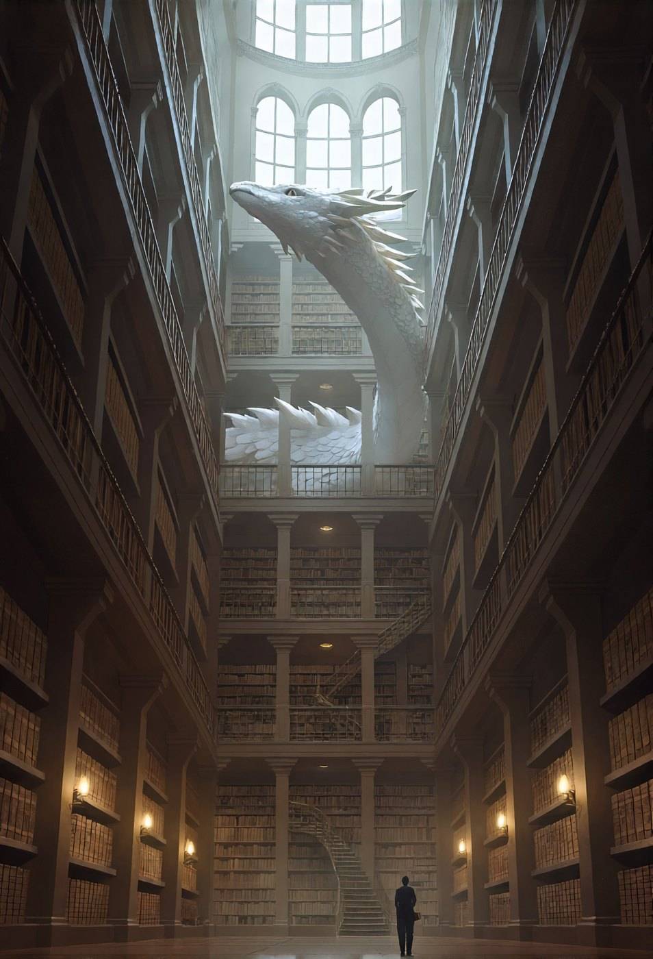 A library hall of shelves rising storeys high, a dragon's pale spine arching overhead as the vault, one small figure standing below.