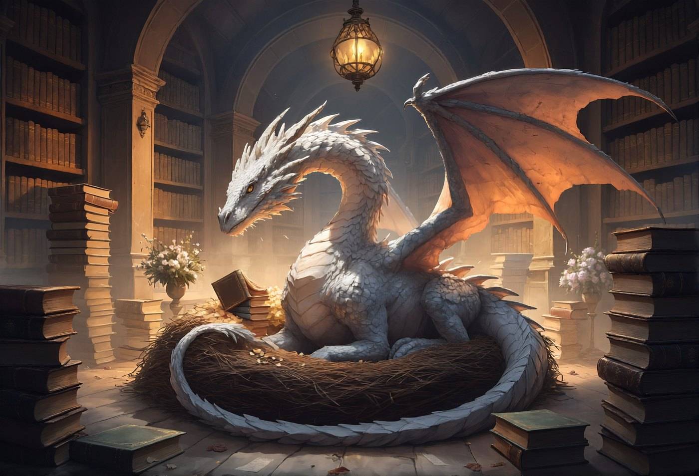 A white dragon curls in a nest of open books in a warm lamplit library, shelves rising into the dark behind it.