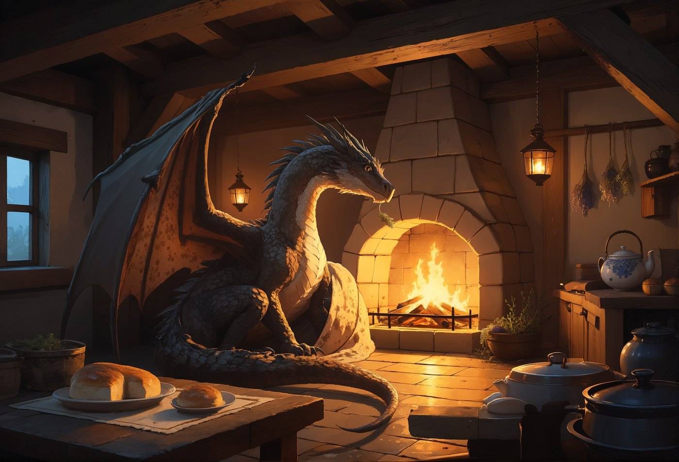 A dark dragon curls beside a lit stone hearth in a timbered cottage kitchen hung with pots and dried herbs.