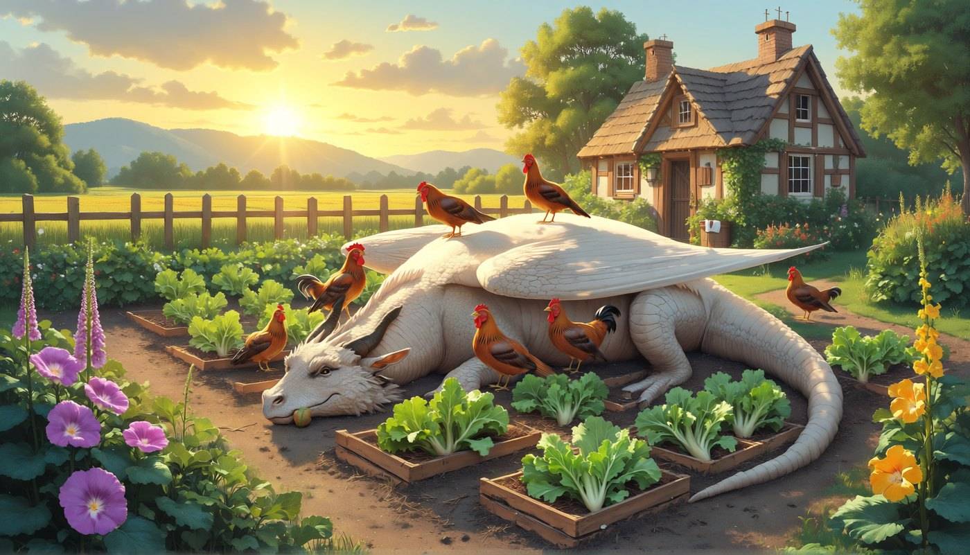 A white dragon dozes among raised vegetable beds with hens perched along its back, a cottage and sunrise behind it.