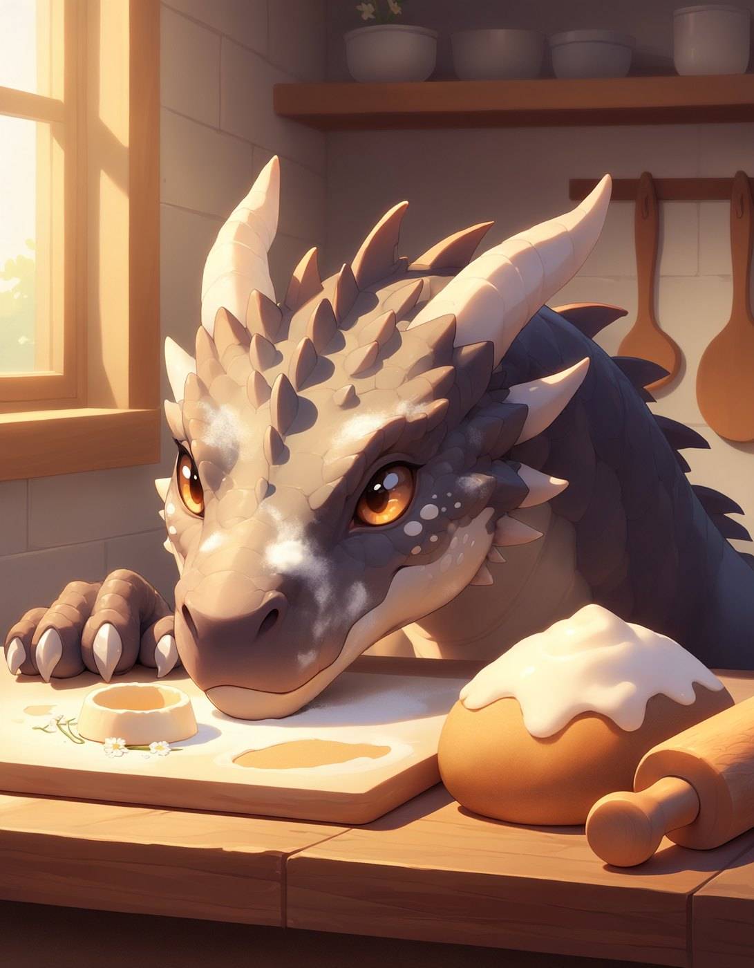 A small white dragon rests its chin on a kitchen counter beside a risen ball of dough, morning light through the window.