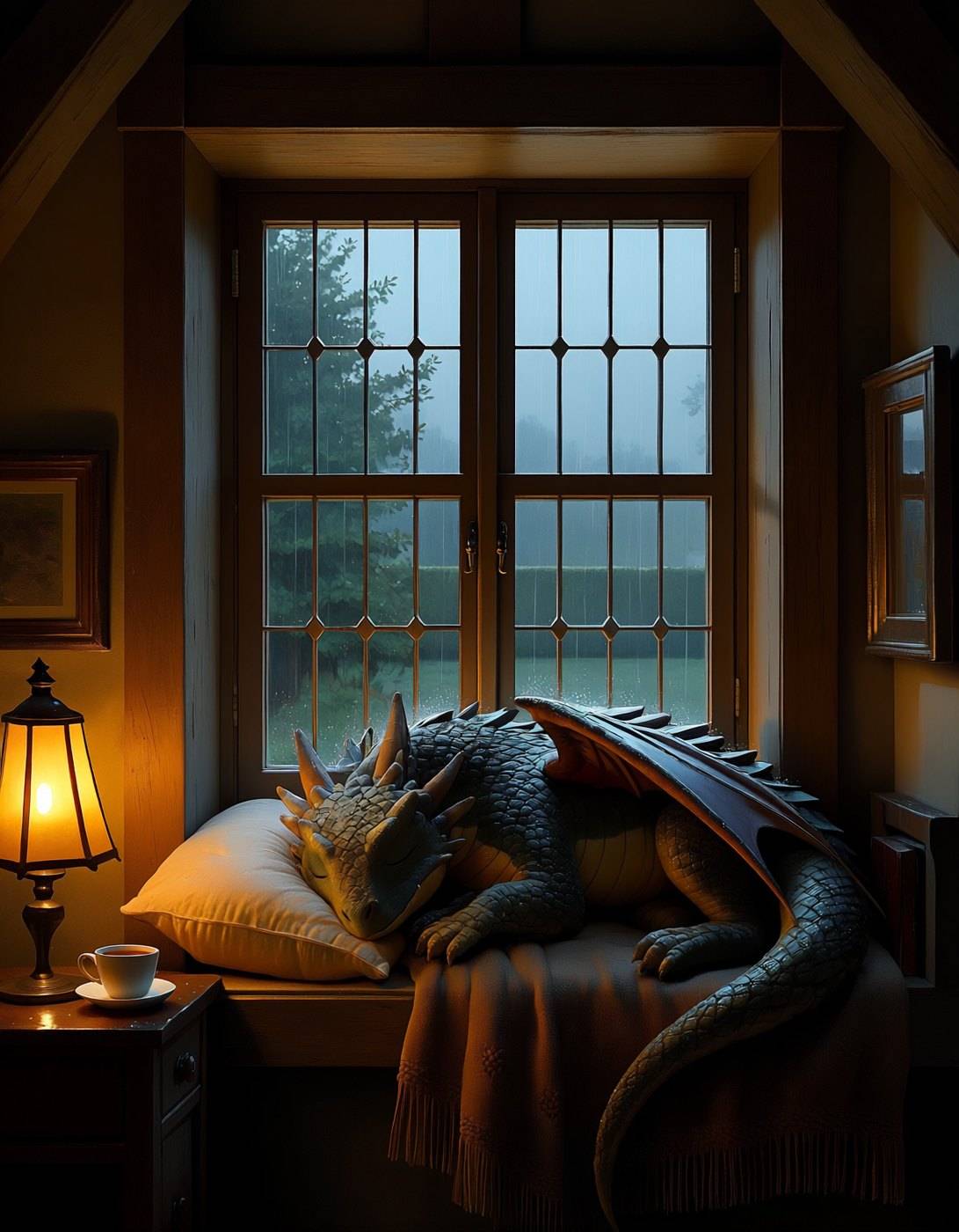 A dark dragon dozes on a cushioned window seat beside a lit lamp and a teacup, rain-grey countryside beyond the panes.