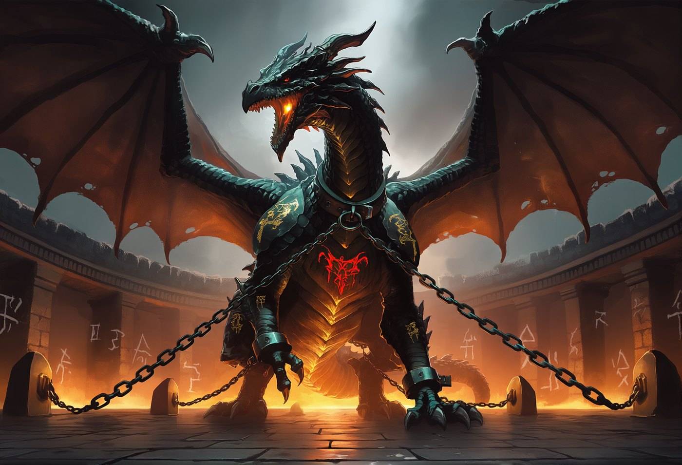 A chained dragon stands with wings spread in a burning arena, heavy rune-marked chains running from its forelegs.