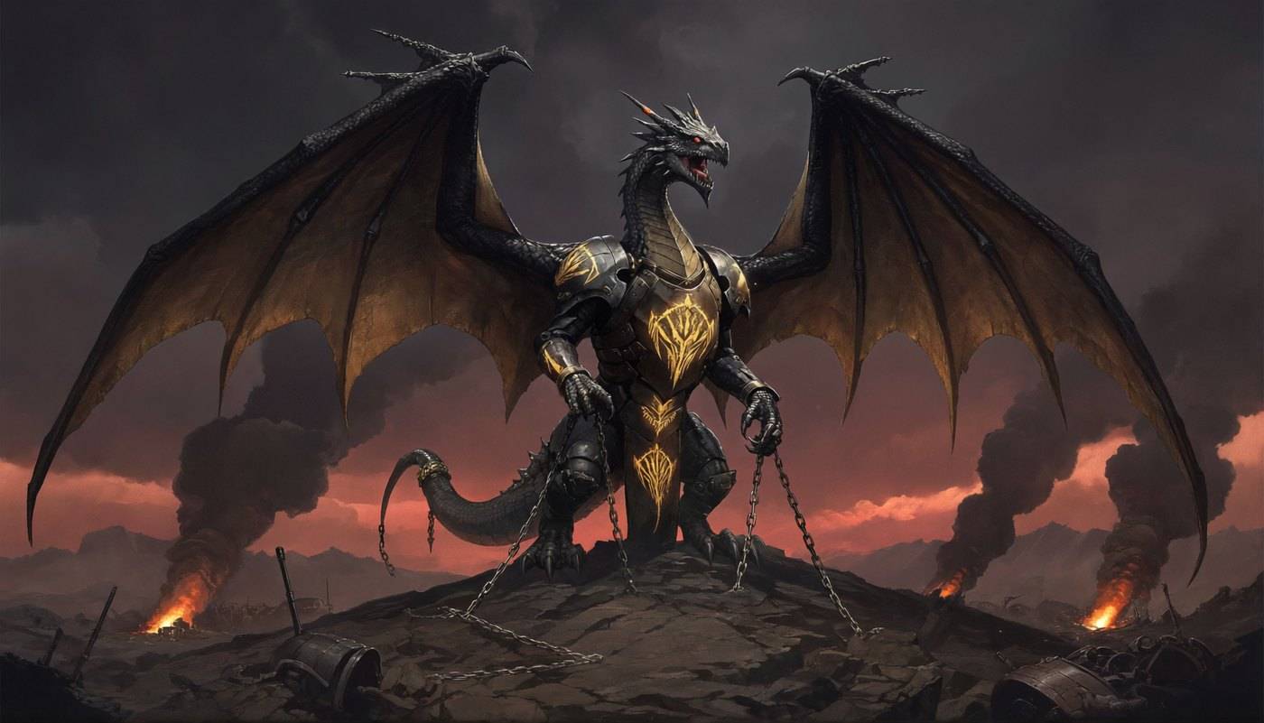 A horned dragon stands on a smoking hilltop at dusk with pale runes glowing across its chest and shoulders.