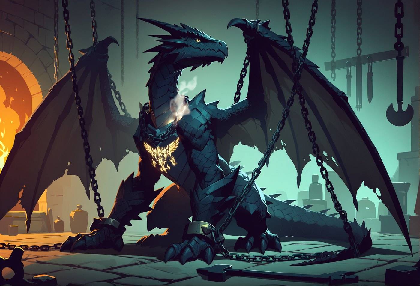 A chained dragon crouches under cold teal light in a stone chamber, heavy chains hanging from the ceiling.