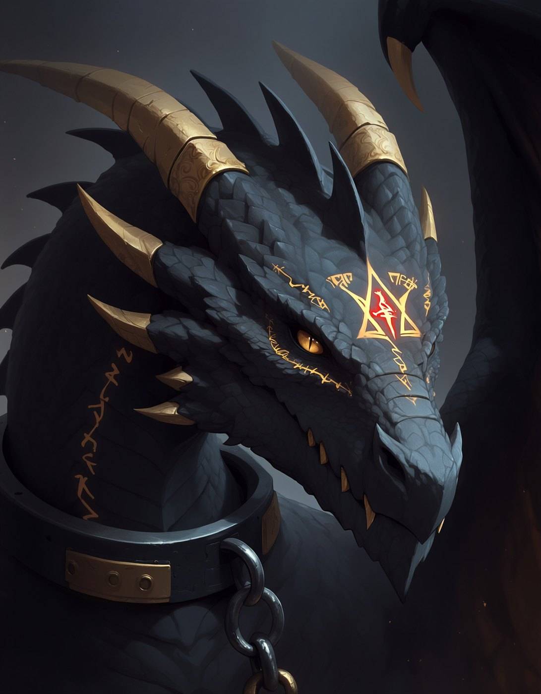 Close portrait of a charcoal dragon with heavy gold-banded horns, a gold sigil burning on its cheek and an iron collar at its throat.