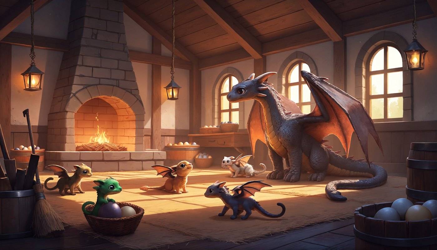 An adult dragon and a scatter of small hatchlings share a warm stone forge room with a fire and scattered eggs.