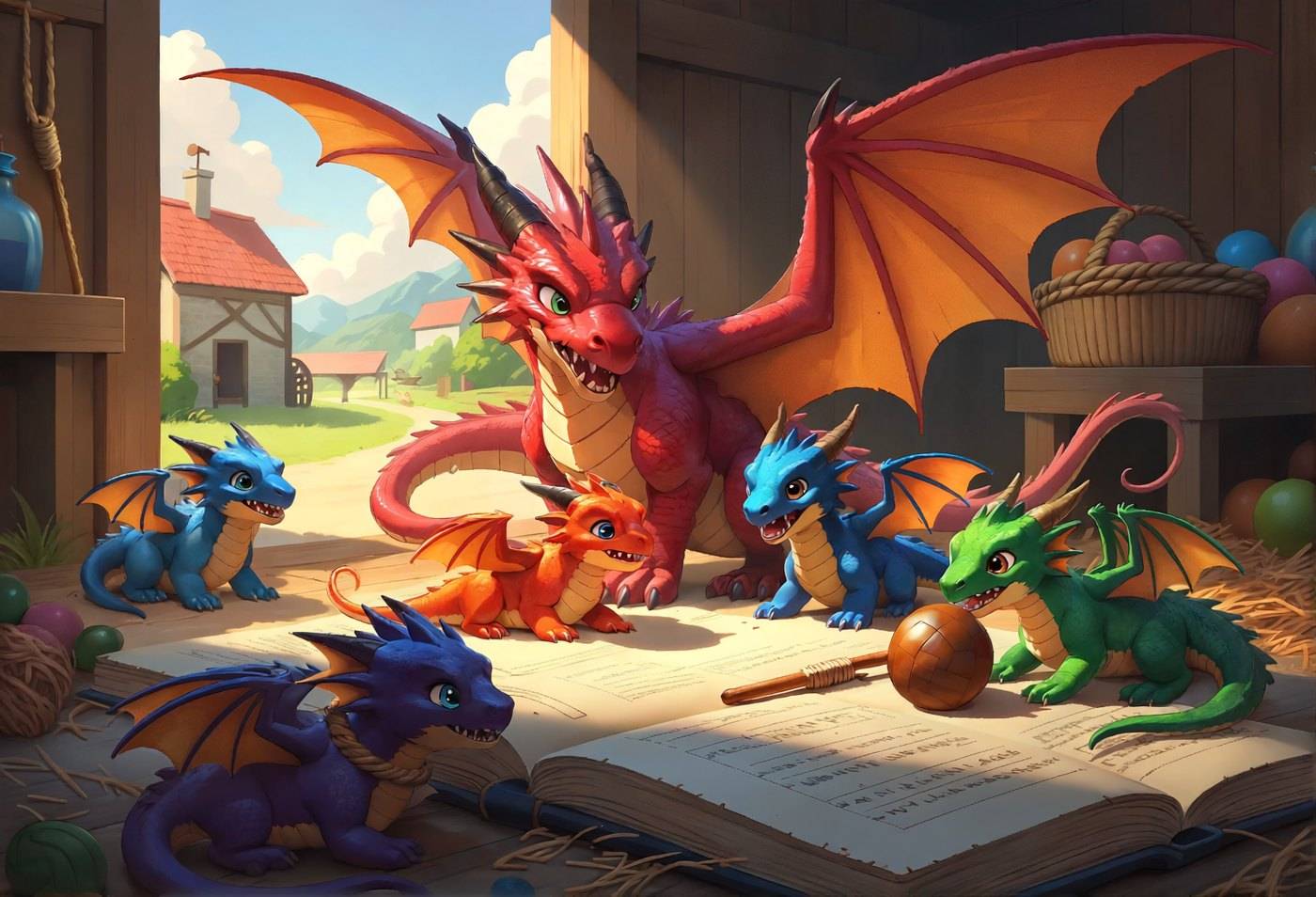 A crowd of small brightly coloured hatchlings cluster around an open scroll spread on the ground.