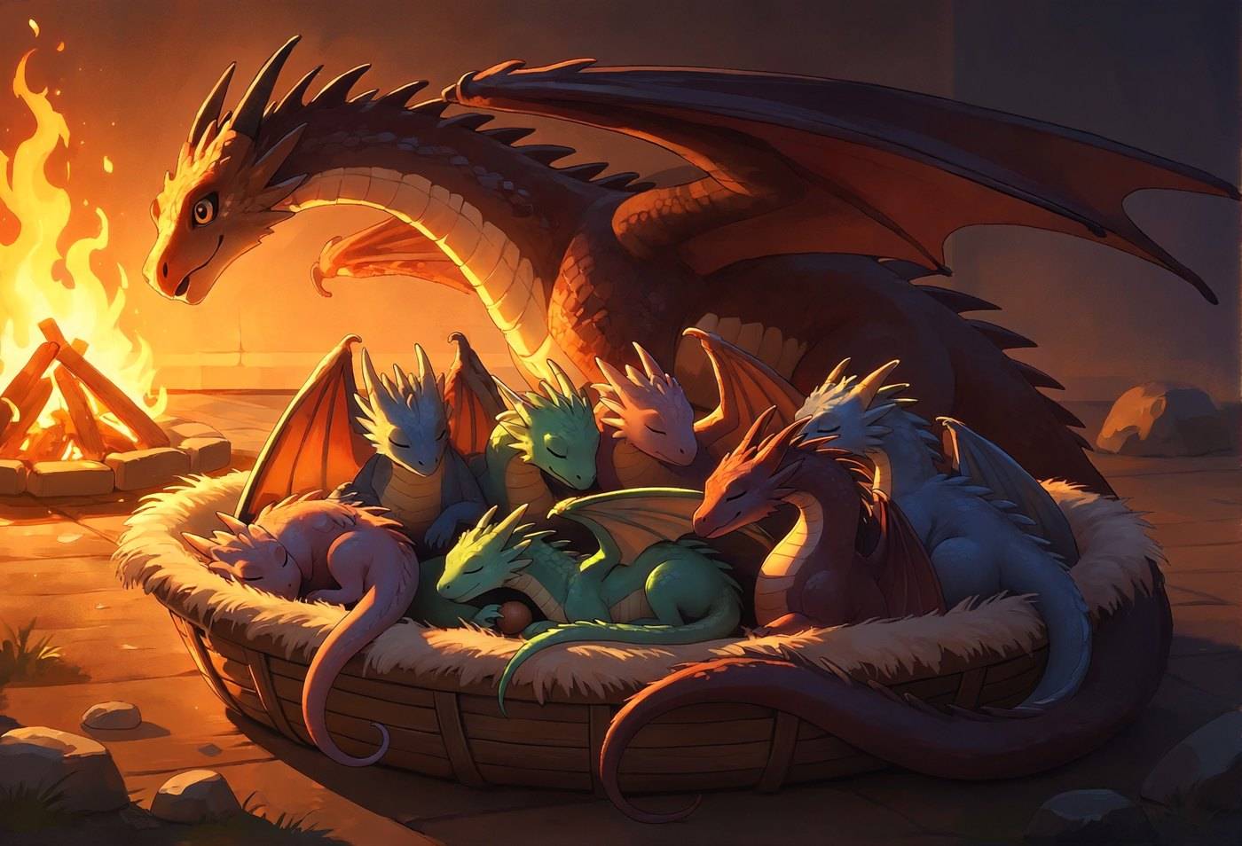 A pile of sleeping hatchlings in a woven nest beside a burning fire, an adult dragon curled around them.