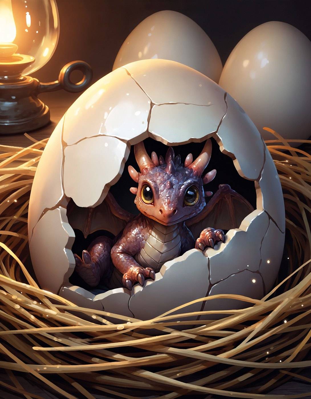 A wide-eyed hatchling pushes out through the cracked shell of a speckled egg in a woven nest, two unbroken eggs behind it.
