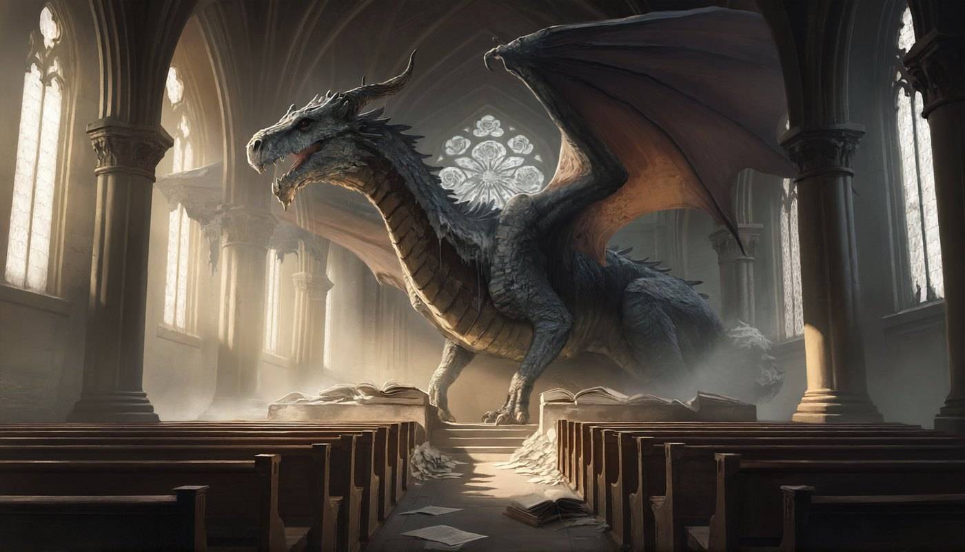 A grey dragon perches on a wooden pew in a dusty gothic chapel, pale light falling through the tall windows.