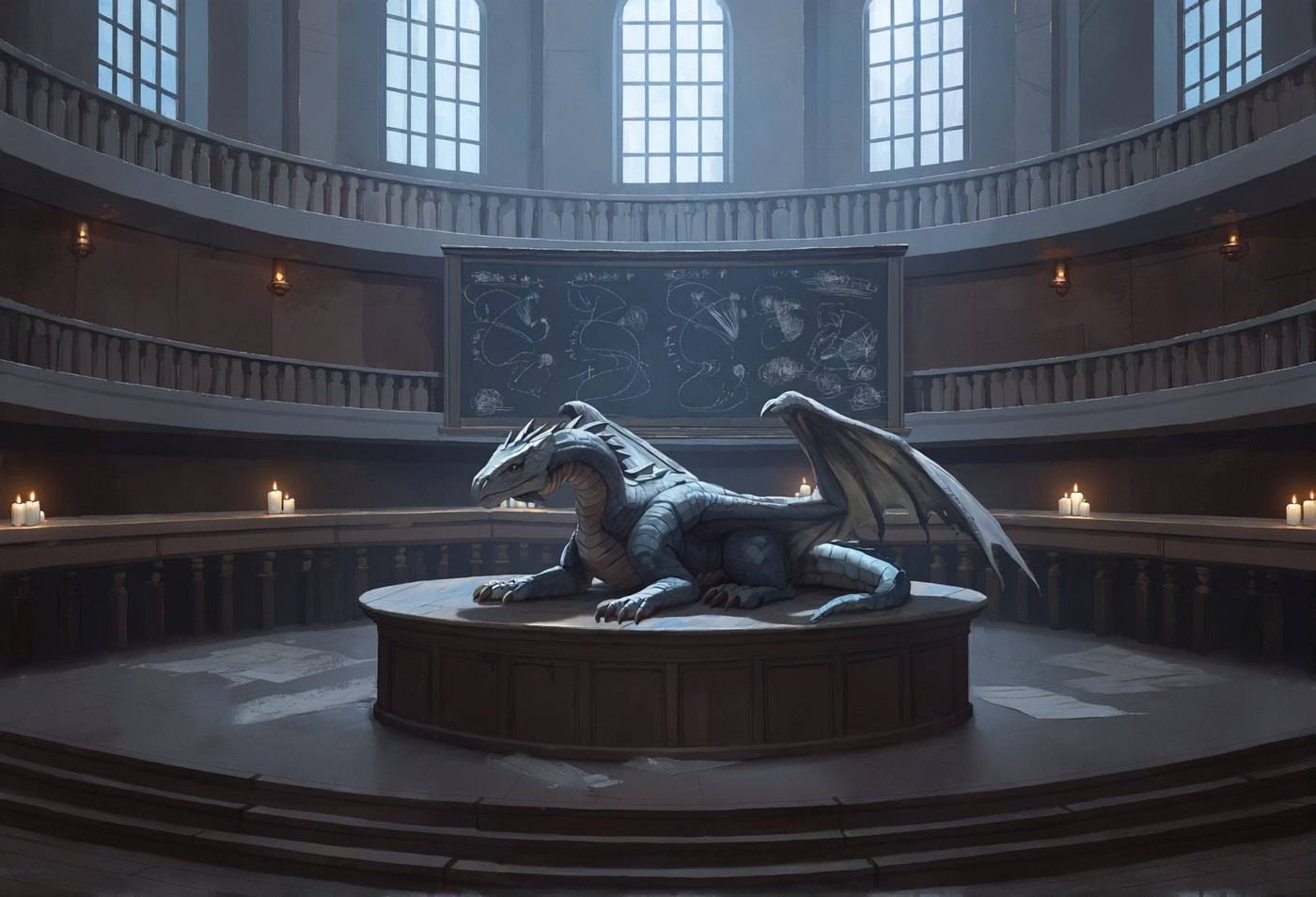A dark dragon lies on a raised plinth in the centre of a circular lecture theatre, blackboard and empty benches around it.