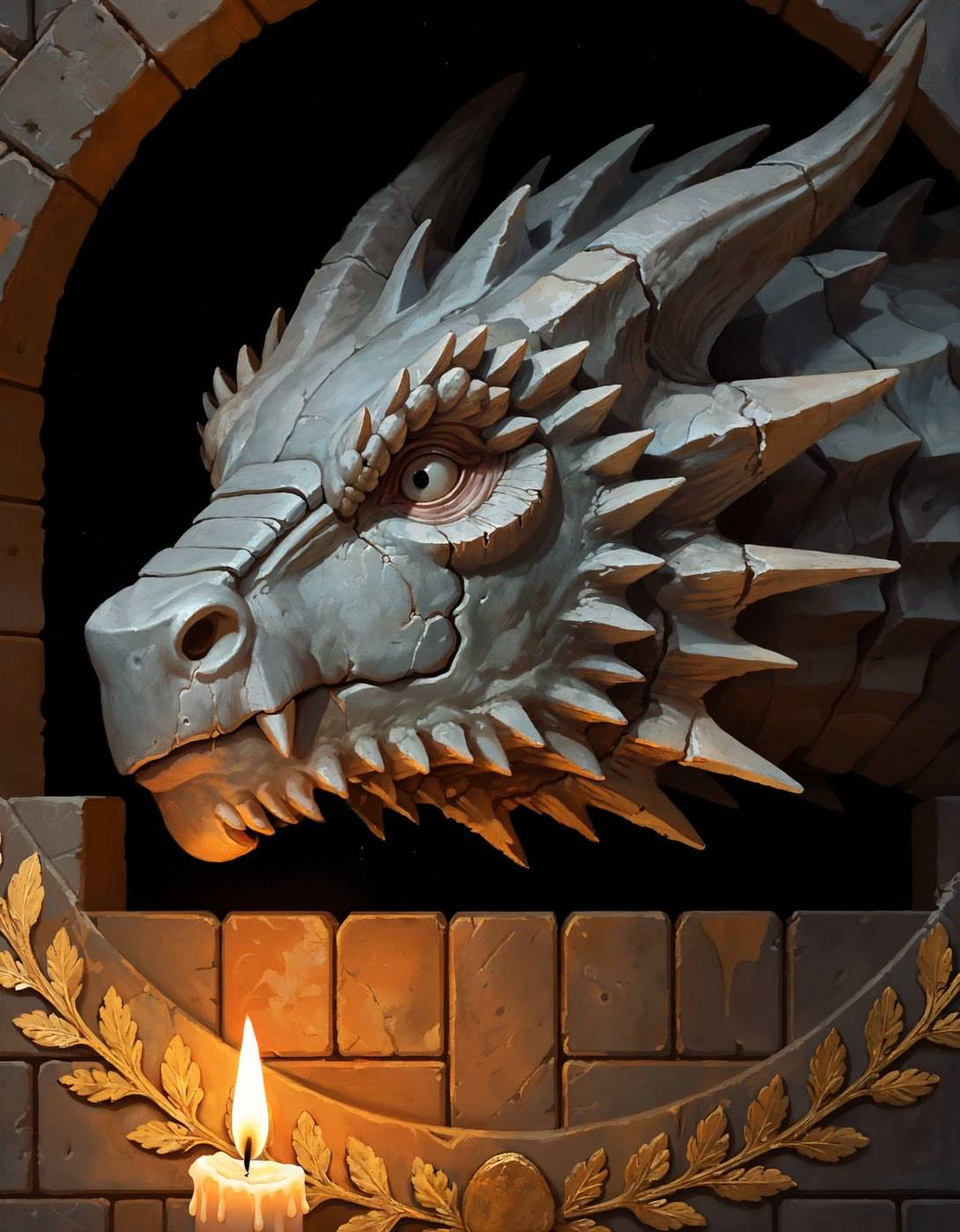 A carved pale stone dragon head fills an arched alcove above a gilded laurel wreath and a single burning candle.