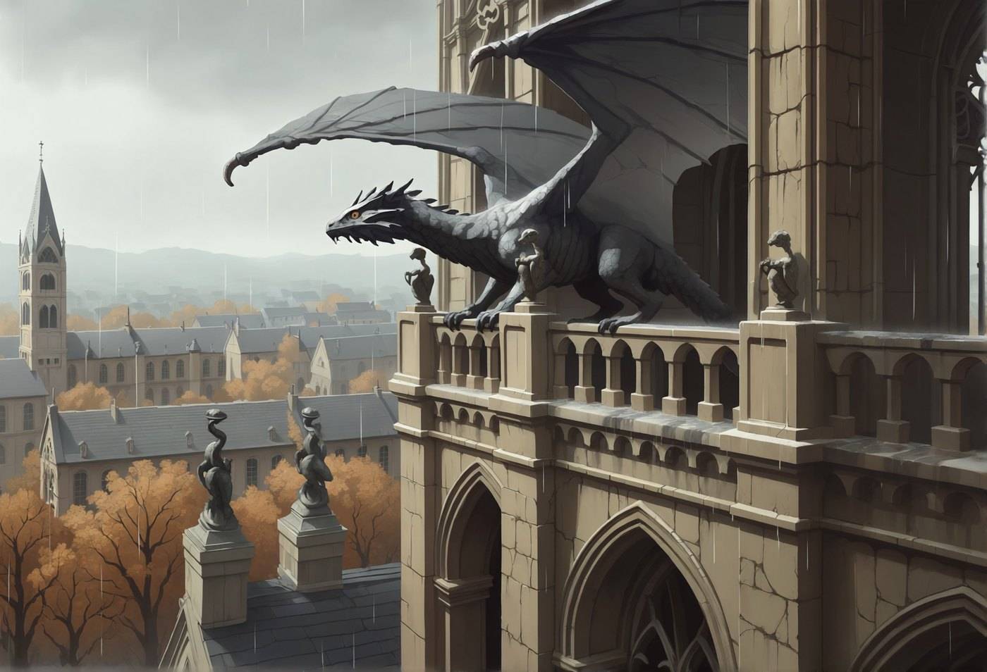 A grey dragon crouches like a gargoyle on the carved stone balustrade of a gothic university building under an overcast autumn sky.