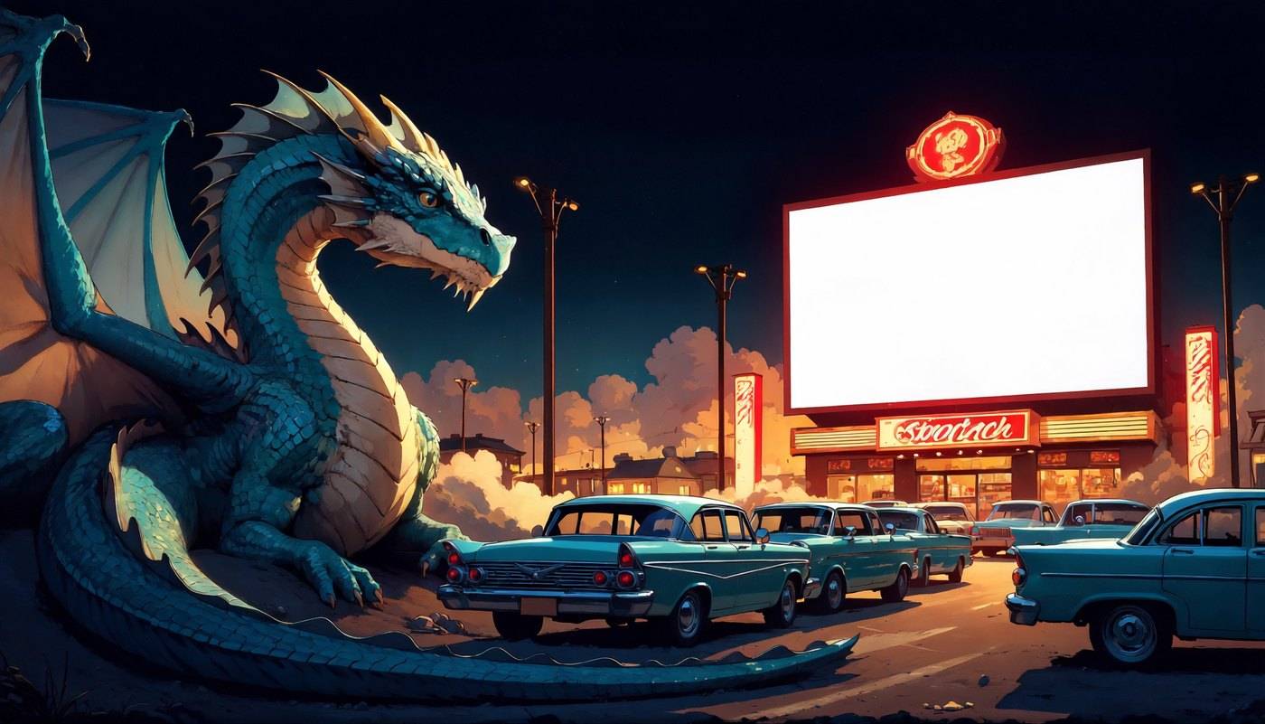 A blue dragon stands among parked classic cars at a lit drive-in screen at night.