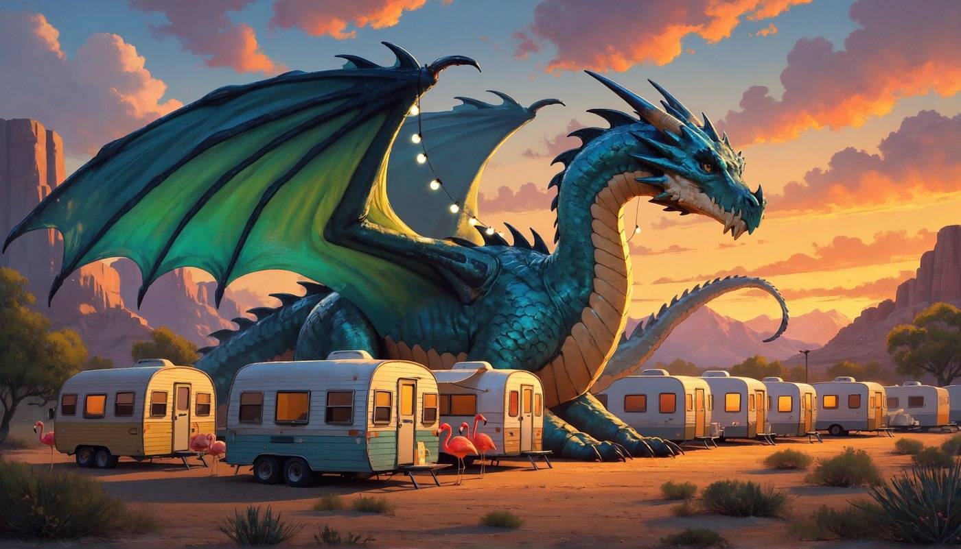 A teal and green dragon stands beside a row of vintage caravans at desert sunset, string lights on its wing and pink flamingos below.