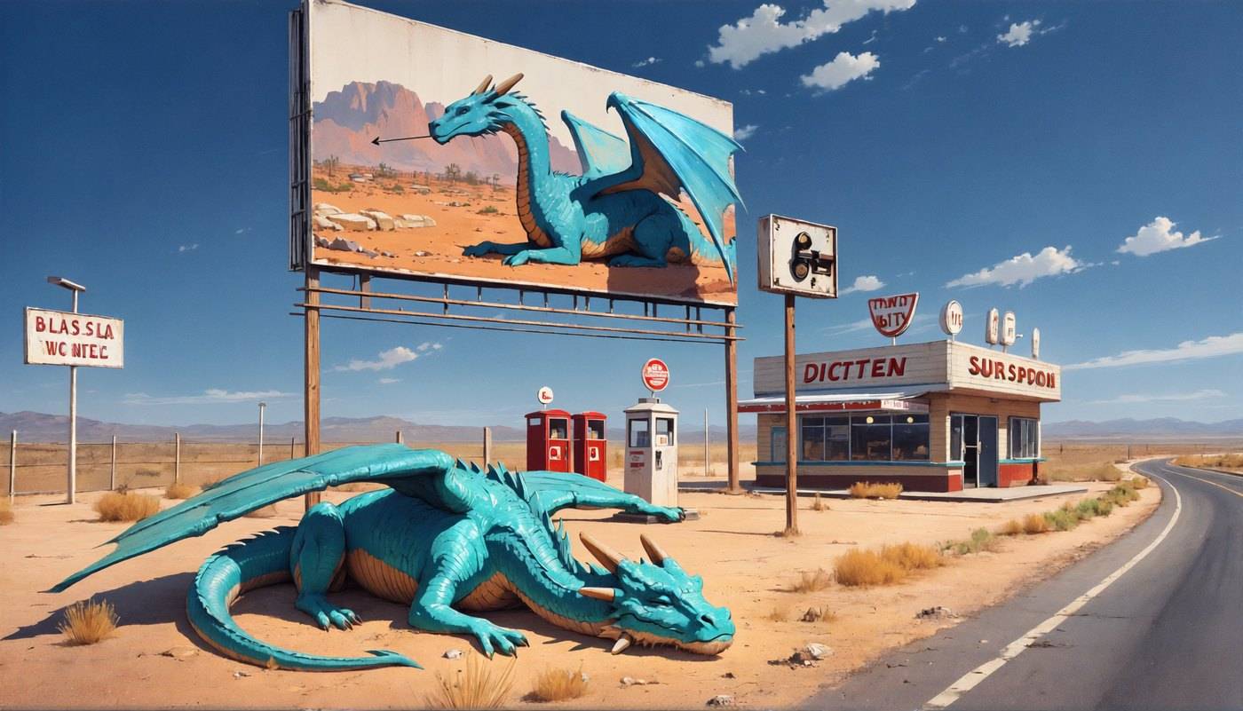 A blue dragon lies stretched out beside a desert gas station and a roadside billboard under a wide sky.