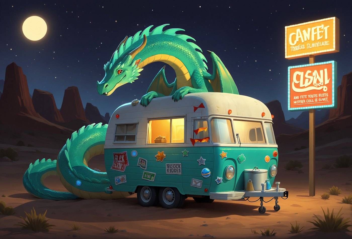 A long green dragon coils around a sticker-covered vintage camper van parked under a full moon beside a lit roadside sign.