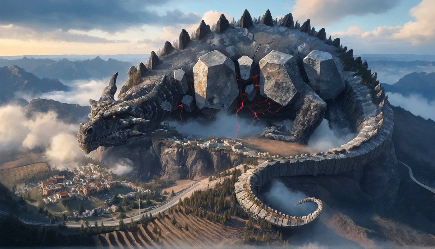 A dragon's plated back and tail form a long mountain ridge running above the cloud line.