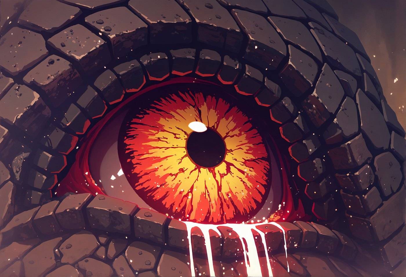 An enormous red and gold eye opens at the centre of a cracked volcanic caldera, lava running from the fissures.