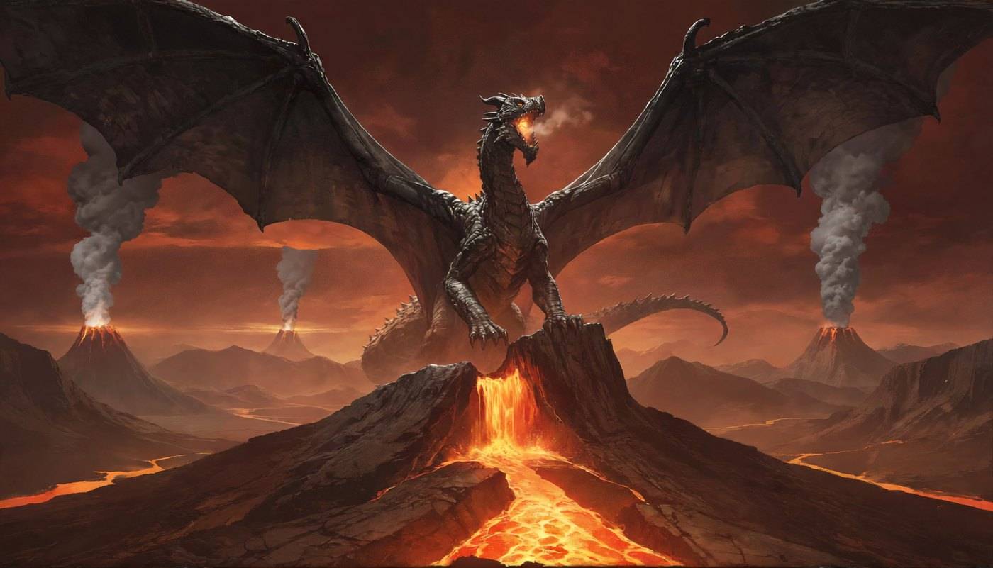 A winged dragon flies above an erupting volcano, lava fissures glowing orange across the dark slopes below.