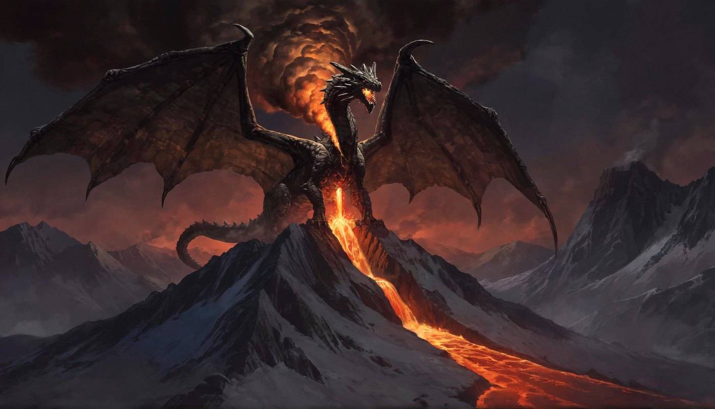 A dragon banks close beside a volcano pouring a bright river of lava down its flank.