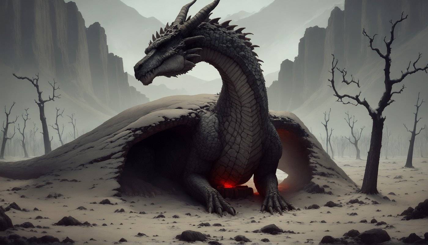 A dark dragon lies flat on a grey ash plain among bare trees, red heat glowing between the plates of its belly.