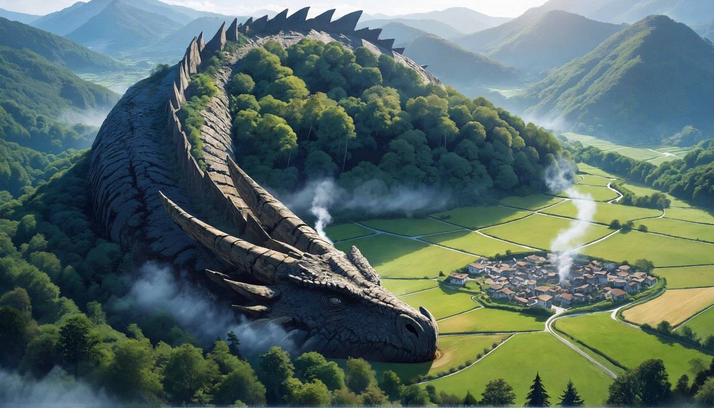 A dragon the size of a mountain range lies asleep under forest and meadow, its spine and skull forming the ridgeline above a green valley.