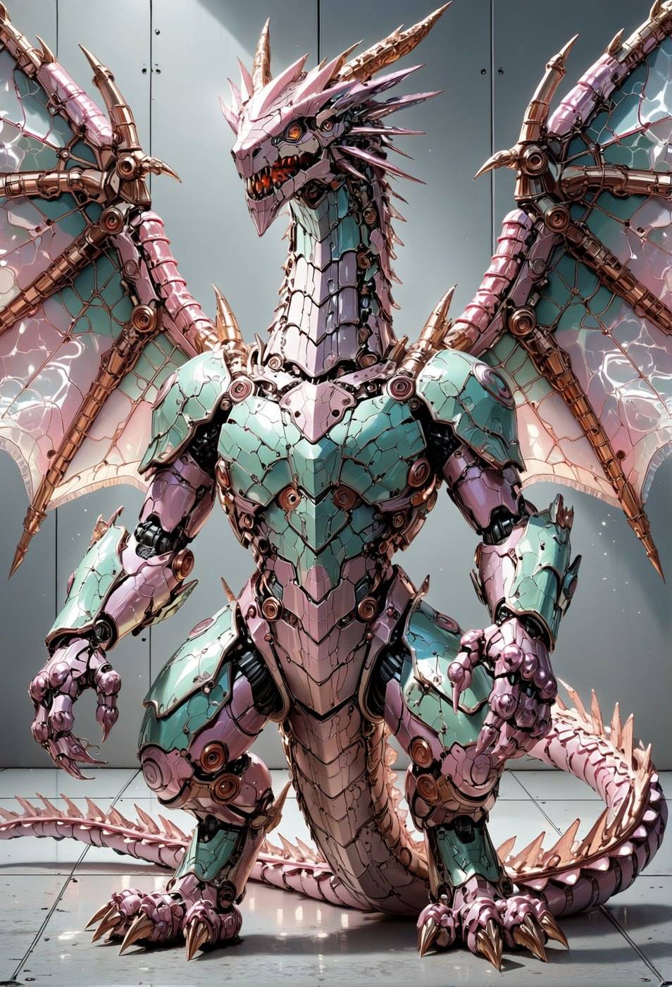 A dragon in pastel pink and mint armoured plating stands head-on, its panels glossy like hard candy.