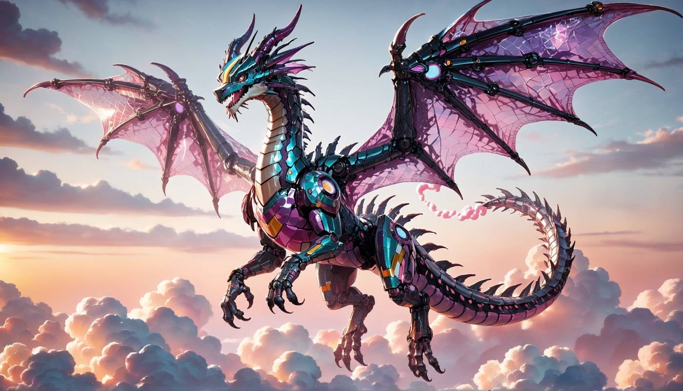 An iridescent mechanical dragon with translucent pink and violet wings flies through pink sunset clouds.