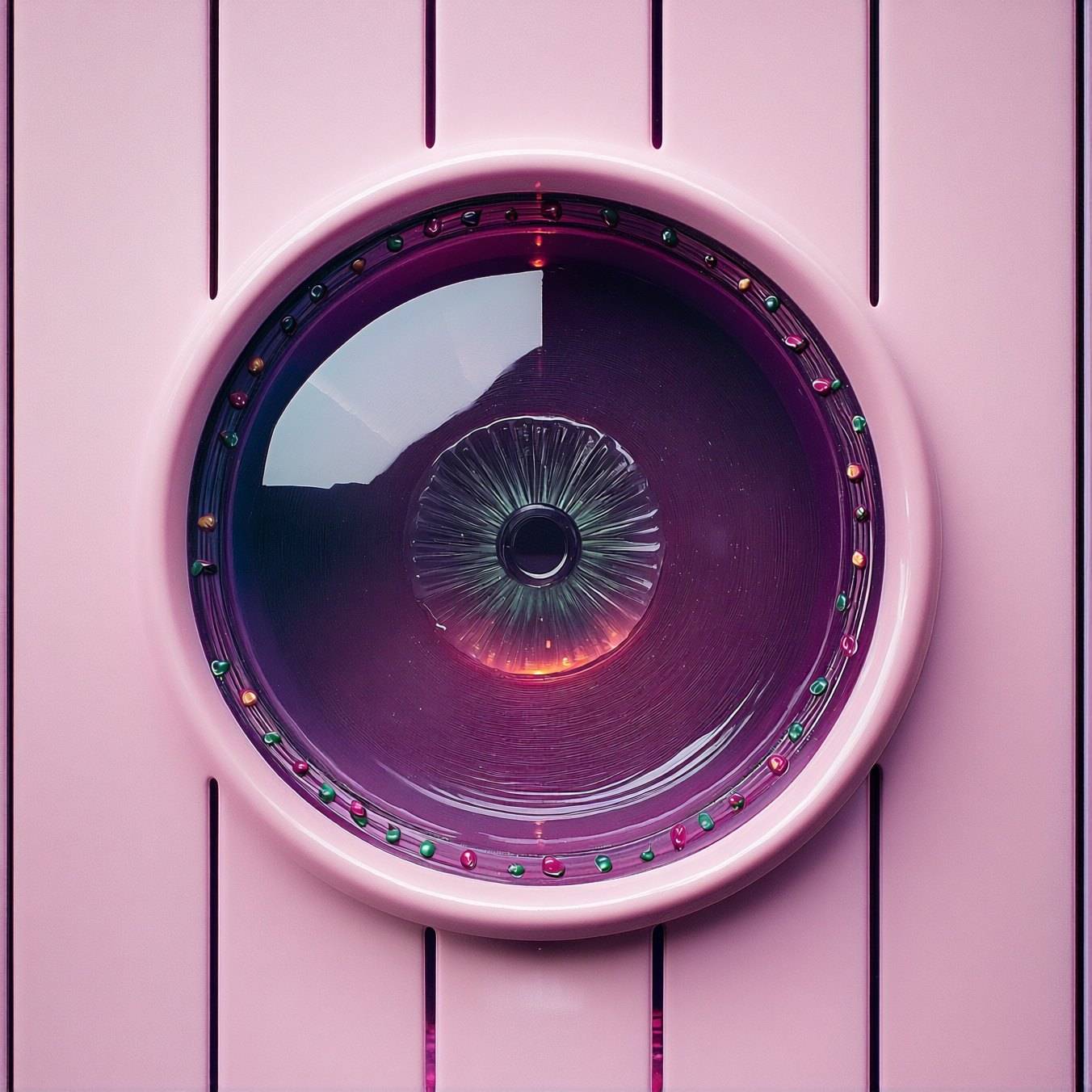 A pastel pink compact case opens on a jewelled violet lens with a slit dragon pupil at its centre, glowing faintly orange.