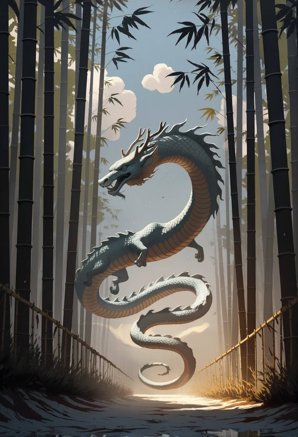 A pale antlered eastern dragon coils in the air above a path through a tall dark bamboo grove.
