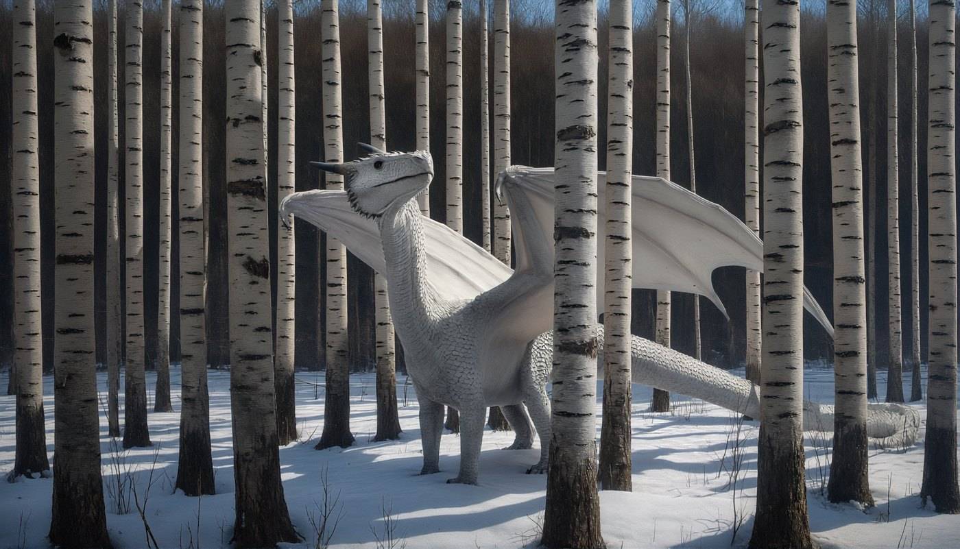 A white dragon stands almost hidden among slender birch trunks in winter snow.