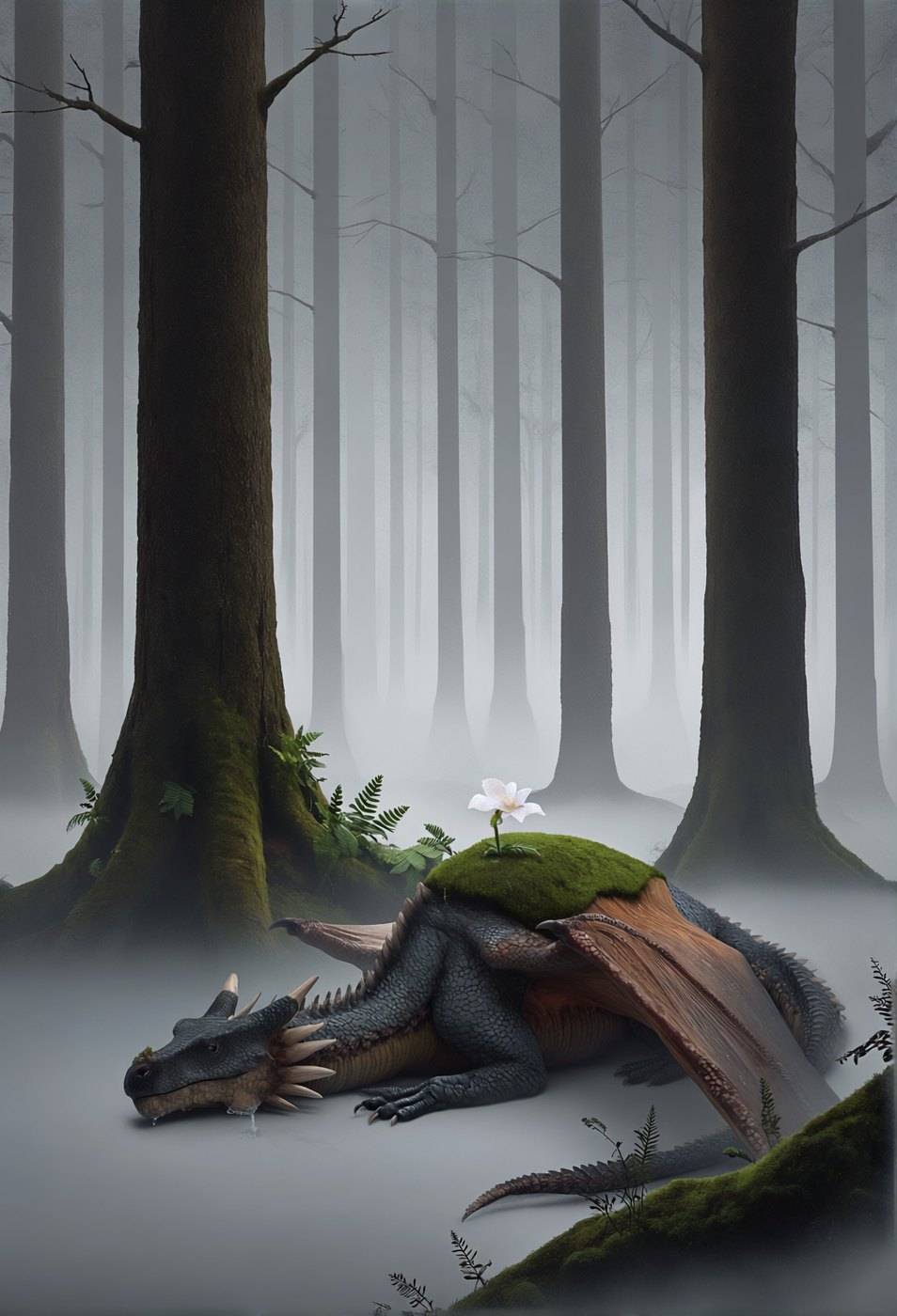 A moss-covered dragon sleeps on the floor of a pale misty forest, ferns growing along its back.