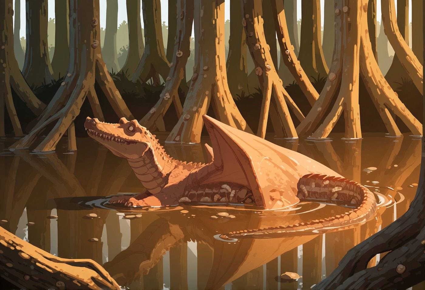 A tan dragon lies half in golden water among the arching roots of a sunlit mangrove.