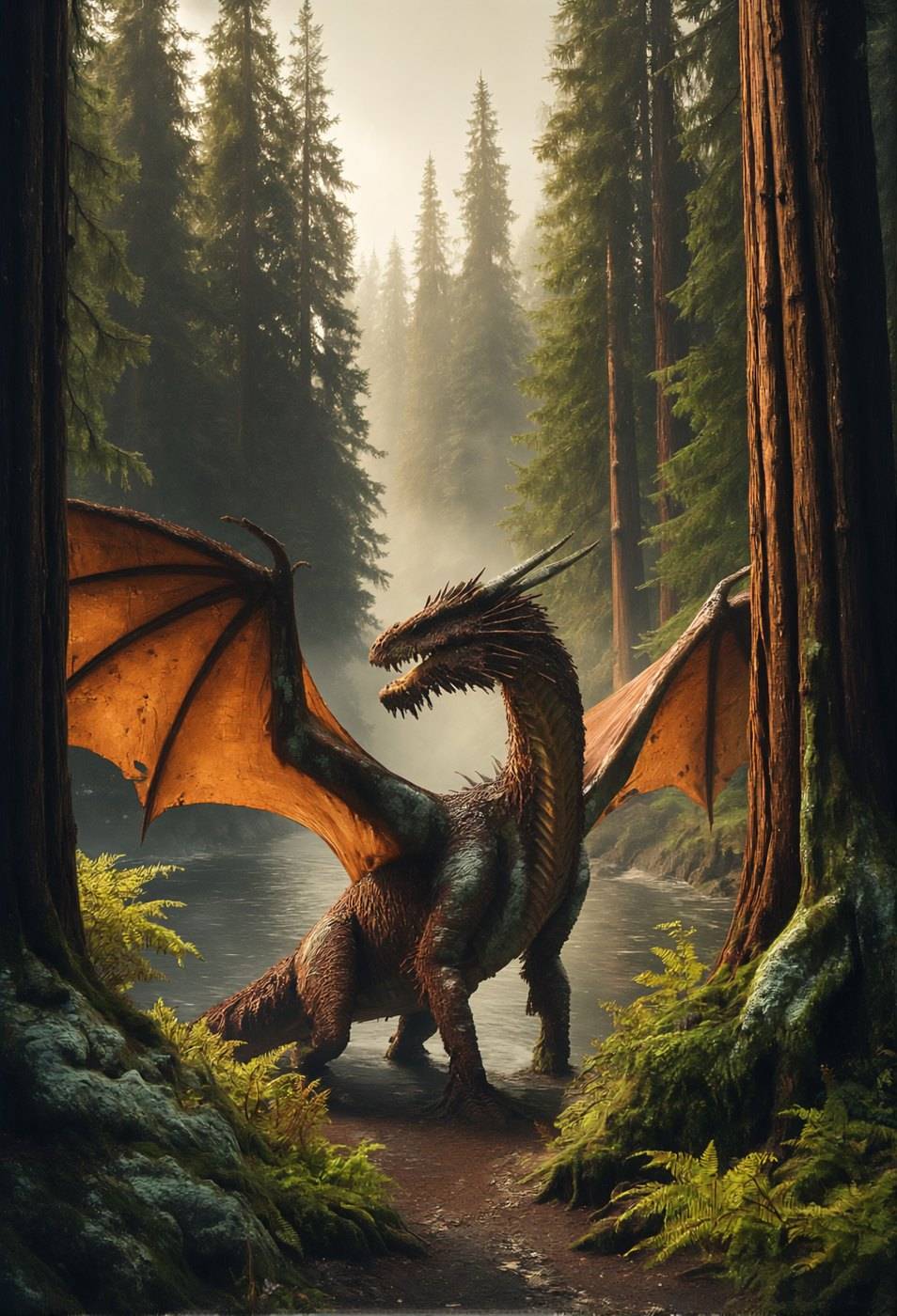 A dark dragon with orange-lit wings walks between enormous redwood trunks in a green forest.