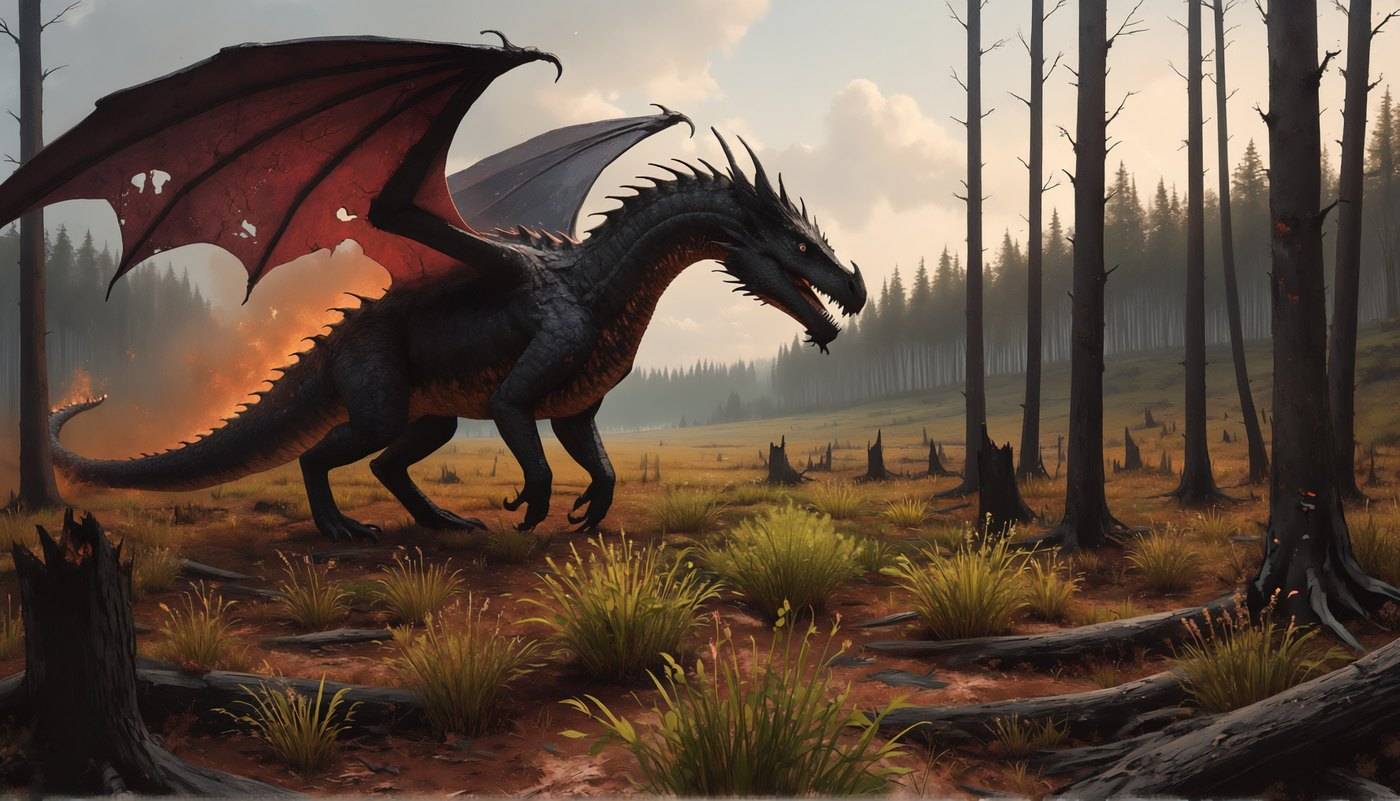 A red-winged dragon walks through a burnt forest of bare trunks with new grass coming up between them.