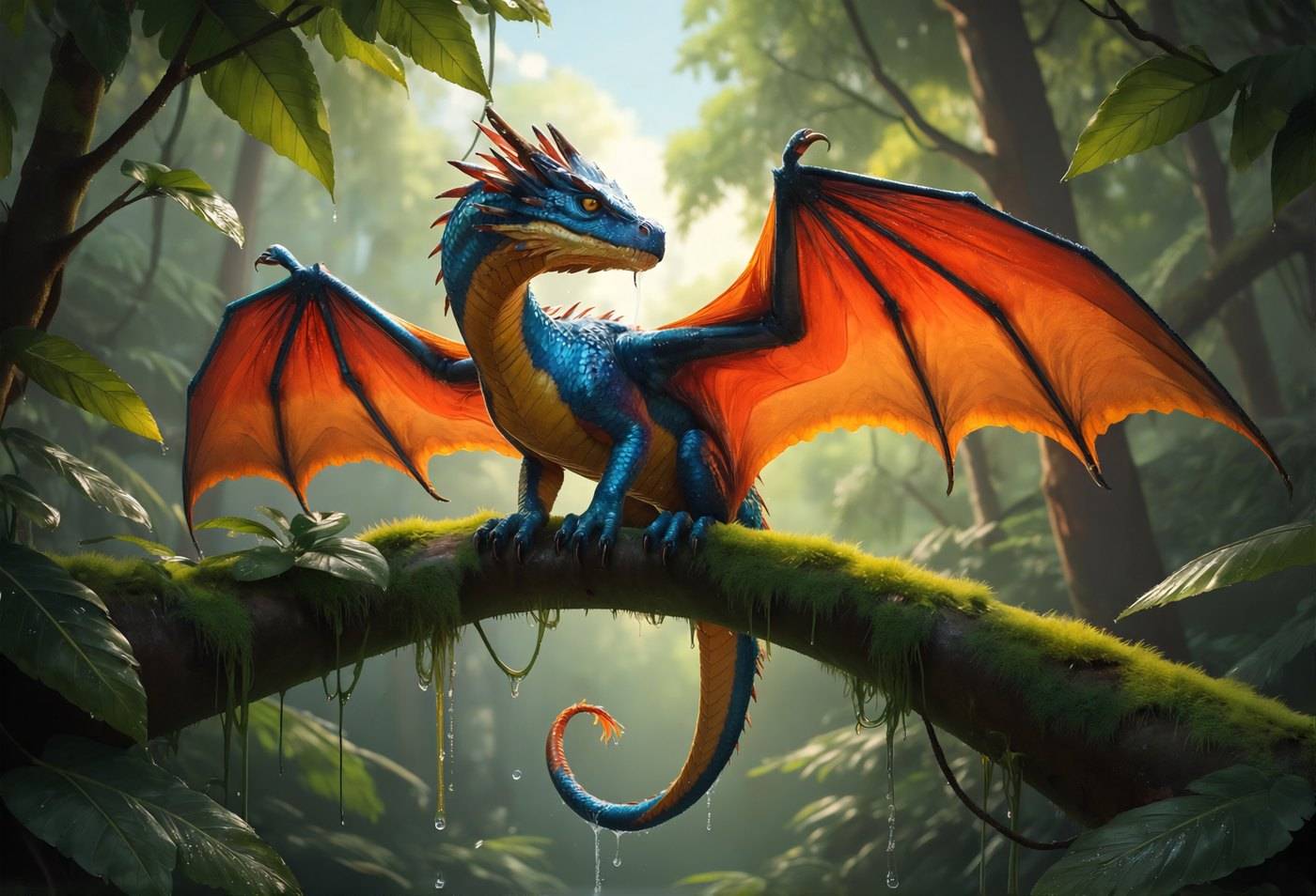 A blue and orange dragon perches along a mossy branch in a bright green rainforest canopy.