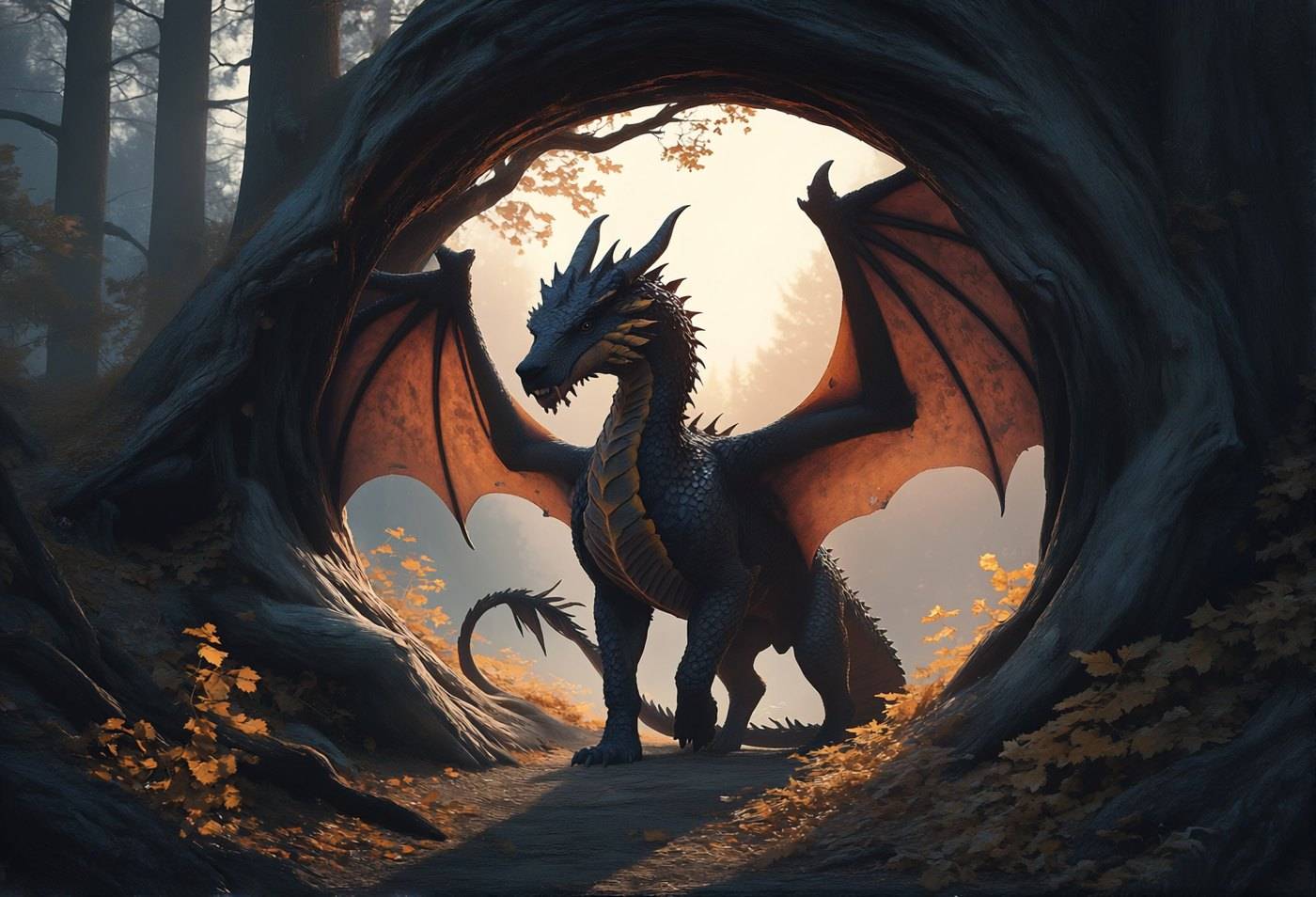 A slim dark dragon stands framed inside the hollow arch of an ancient oak, pale blossom and moss around the opening.